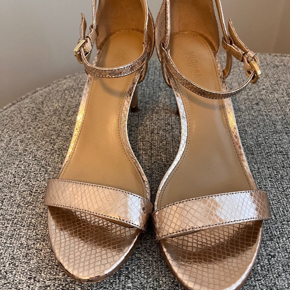 Michael Kors Rose Gold metallic snake design ankle strap heel sandals, size 6.5